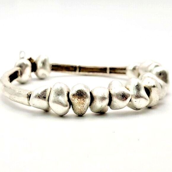 Silvertone Nugget Beads and Bar Stretch Bracelet with Button Closure - Picture 3 of 4